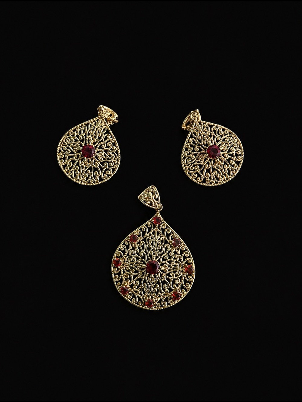 Gold Filigree Teardrop Pendant & Earrings Set with Red Stones